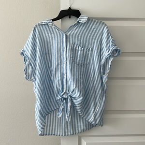 Linen Striped Pocket Blouse w/ Front Tie